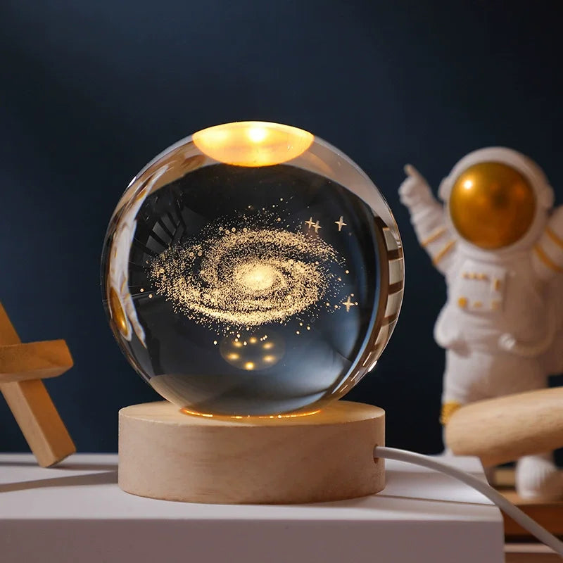 6Cm 3D Crystal Ball Glass Ball Planet Earth Wooden Base Solar System Galaxy Astronomy Birthday Gift Home Desktop Decoration