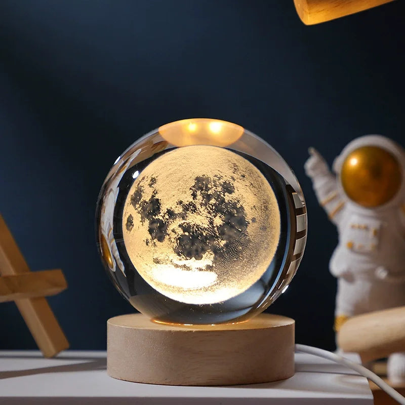 6Cm 3D Crystal Ball Glass Ball Planet Earth Wooden Base Solar System Galaxy Astronomy Birthday Gift Home Desktop Decoration