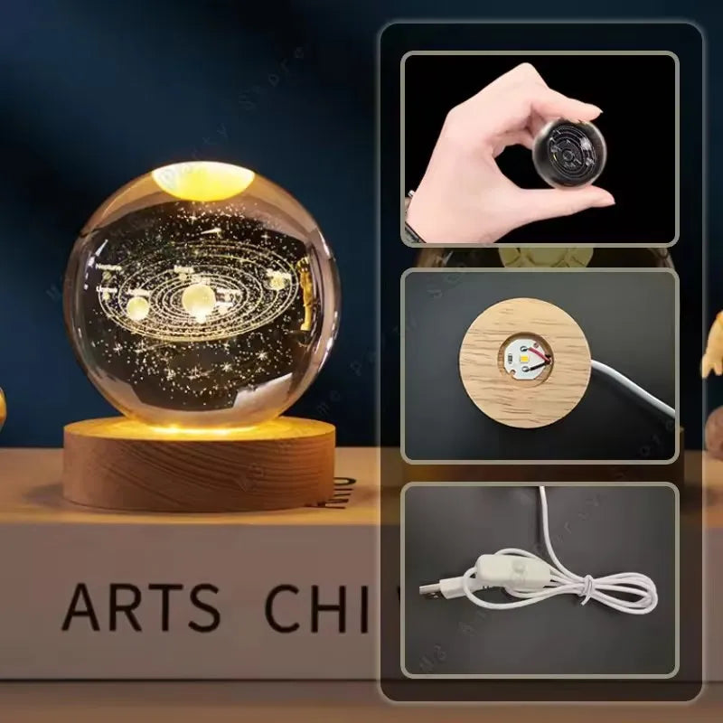 6Cm 3D Crystal Ball Glass Ball Planet Earth Wooden Base Solar System Galaxy Astronomy Birthday Gift Home Desktop Decoration