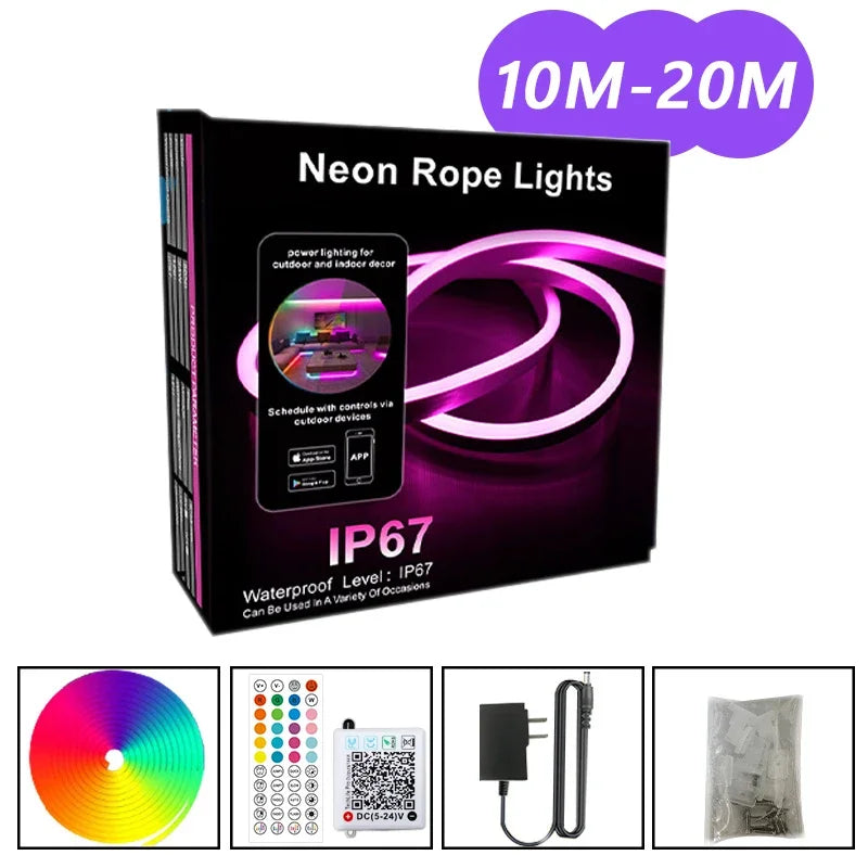 DC24V 30M Waterproof RGB LED Neon Rope Lights Color Change Music Sync with App/Remote Control Flexible Lamp for Indoor Outdoor