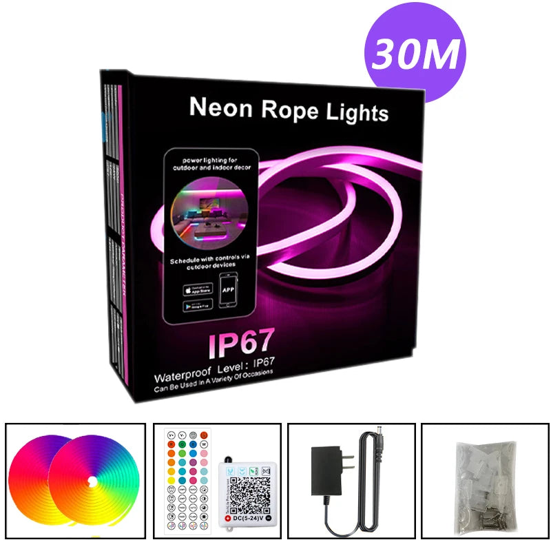 DC24V 30M Waterproof RGB LED Neon Rope Lights Color Change Music Sync with App/Remote Control Flexible Lamp for Indoor Outdoor